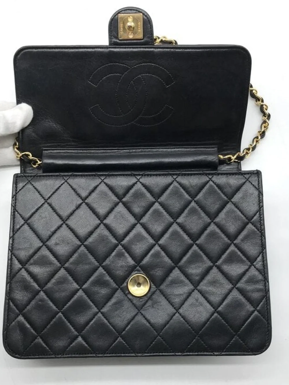 Authentic Chanel black lambskin leather single flap vintage bag